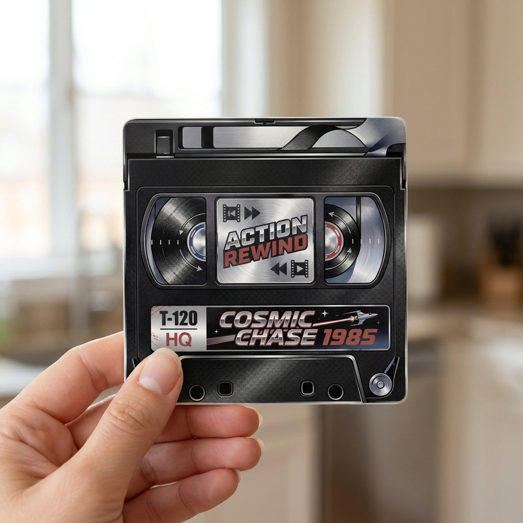 VHS Tape ceramic coasters set of 4, in hand