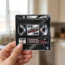 VHS Tape ceramic coasters set of 4, in hand