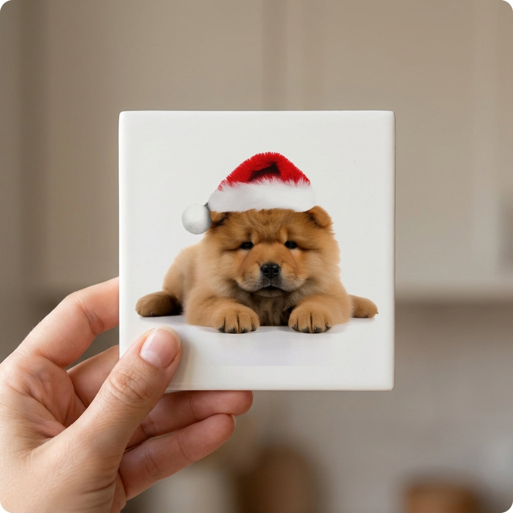 Chow Chow Puppy ceramic coasters set of 4, in hand