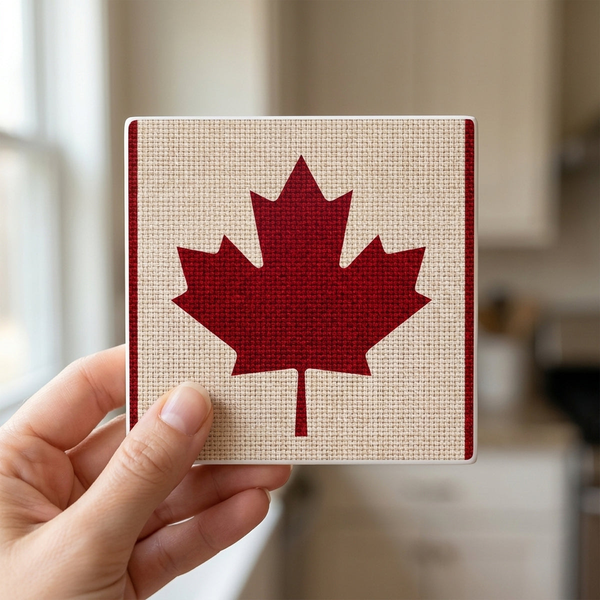 Canada Flag Pride ceramic coasters set of 4, in hand
