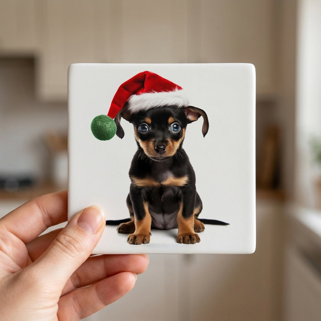 Miniature Pinscher Puppy ceramic coasters set of 4, in hand