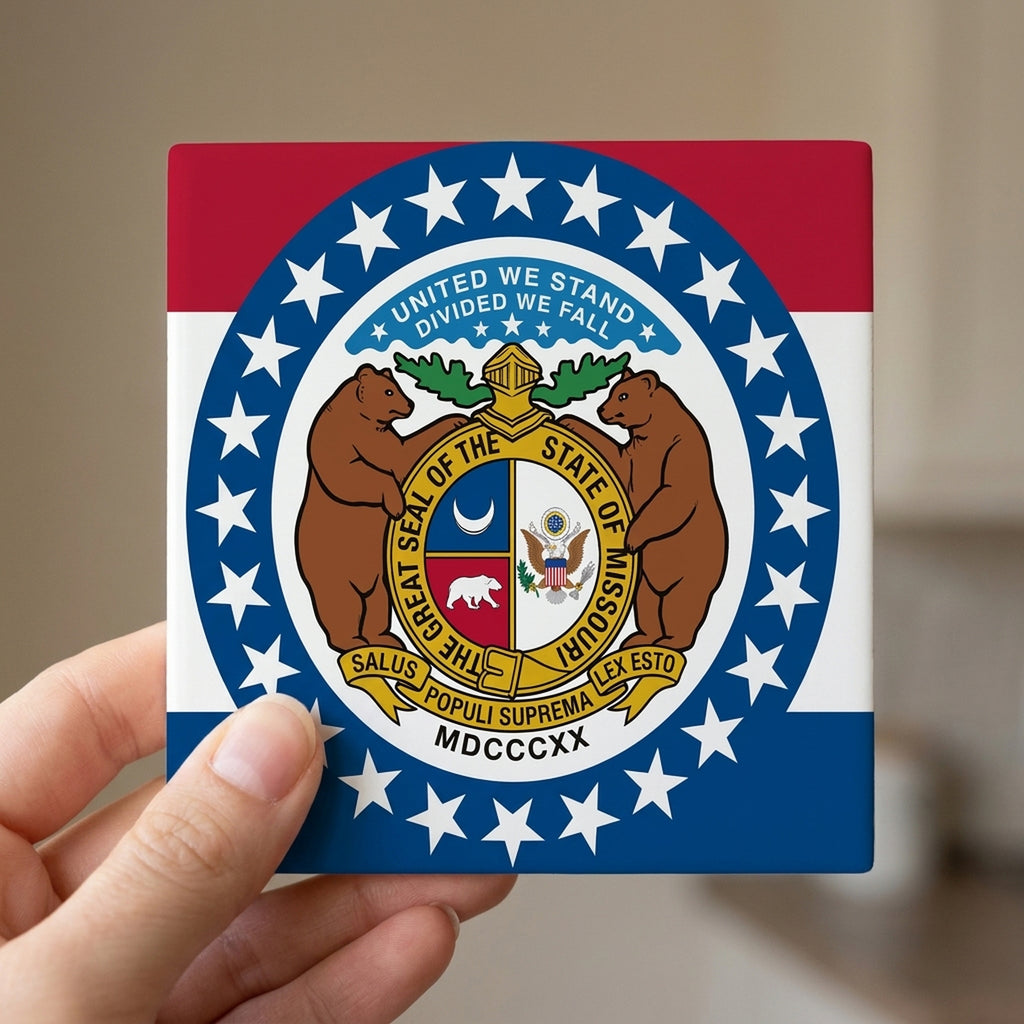 Missouri State Flag ceramic coasters set of 4, in hand