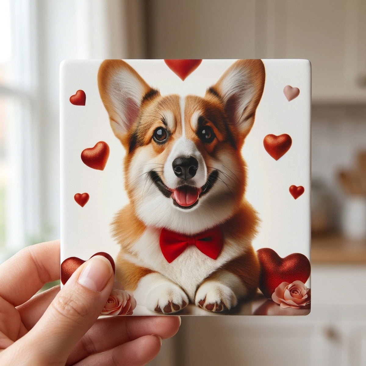 Pembroke Welsh Corgi ceramic coasters set of 4, in hand