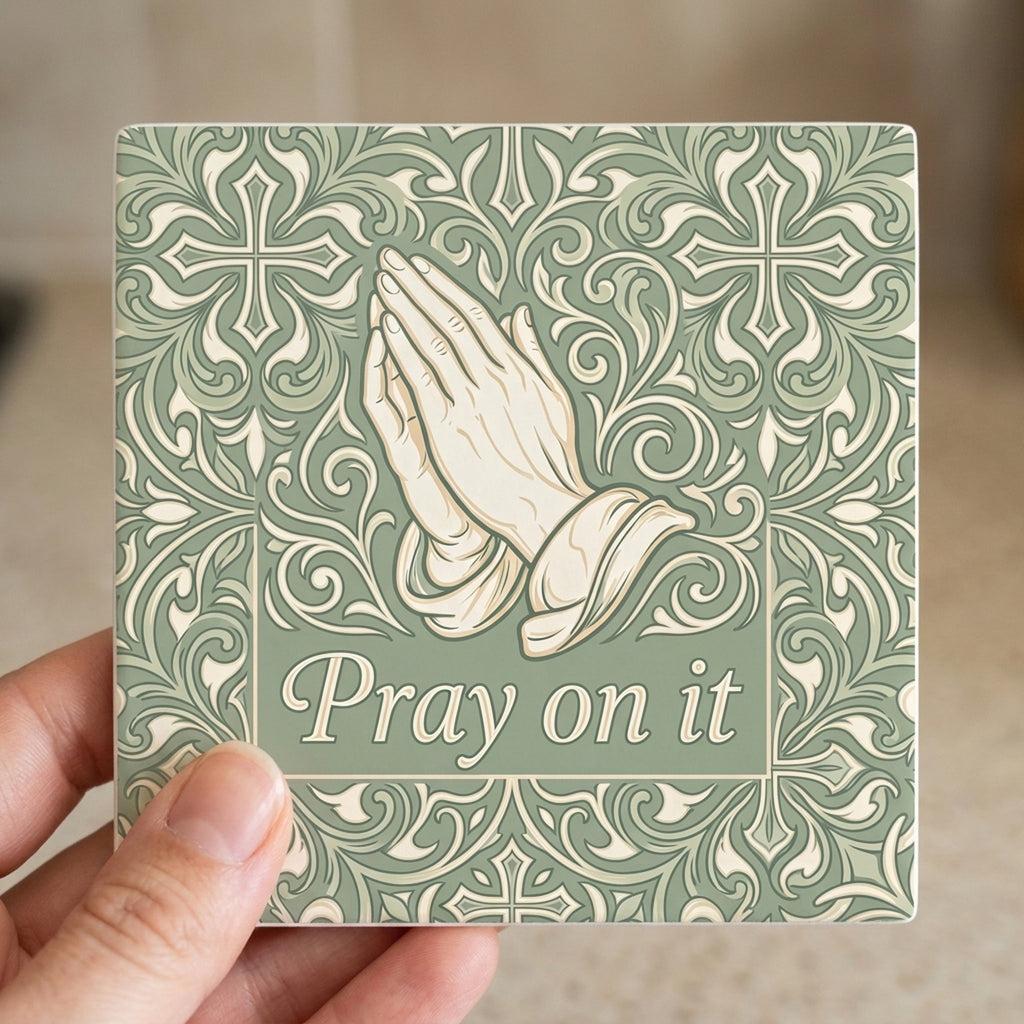 Pray On It ceramic coasters set of 4, in hand