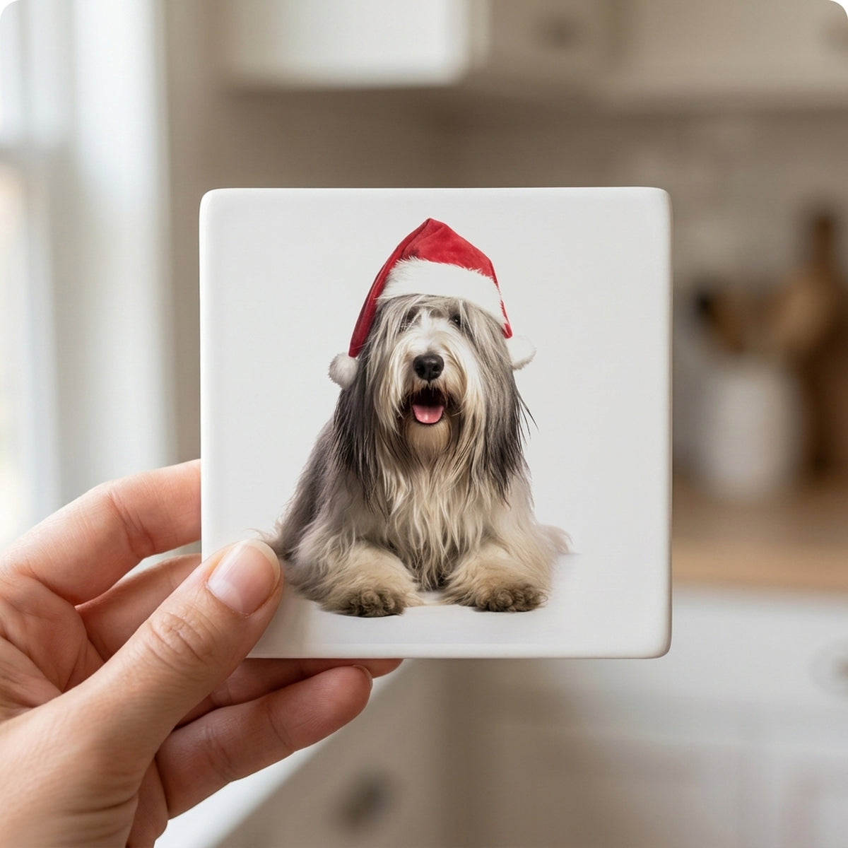Bergamasco Sheepdog ceramic coasters set of 4, in hand