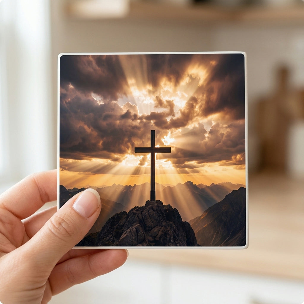 Cross On Mountains ceramic coasters set of 4, in hand