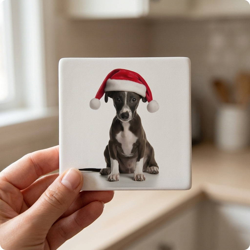 Whippet Puppy ceramic coasters set of 4, in hand