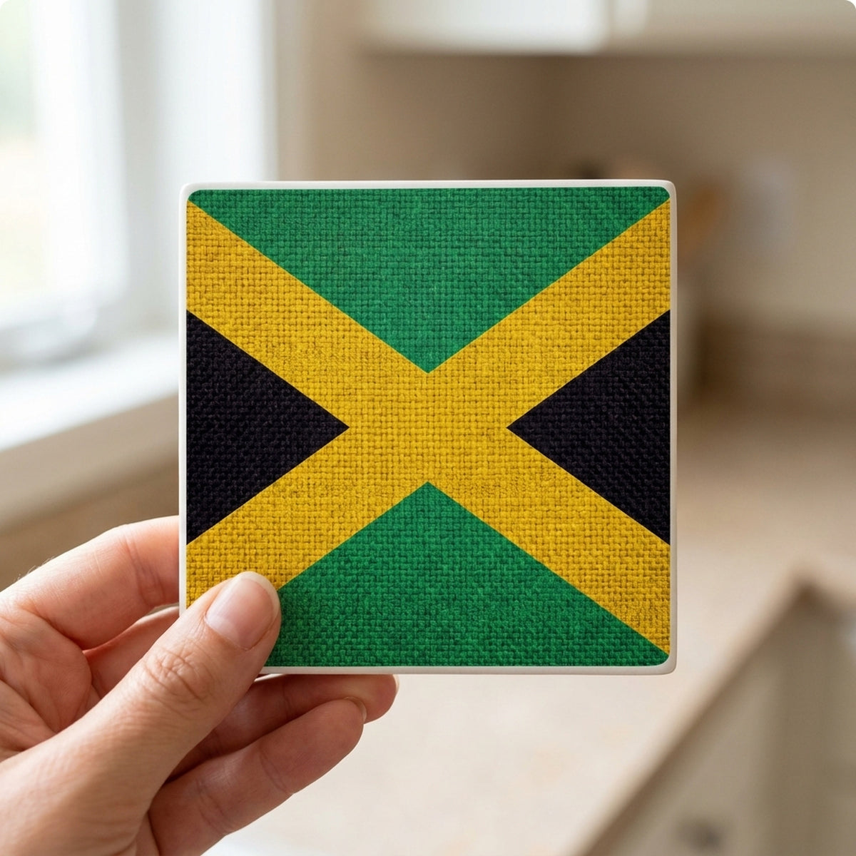 Jamaica Flag Pride ceramic coasters set of 4, in hand