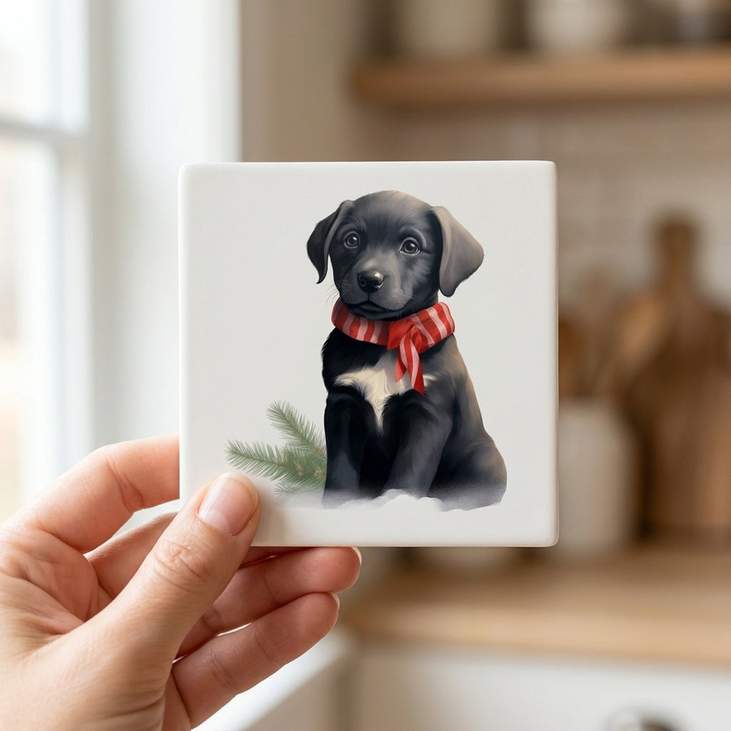 Chinook Puppy Drawing ceramic coasters set of 4, in hand