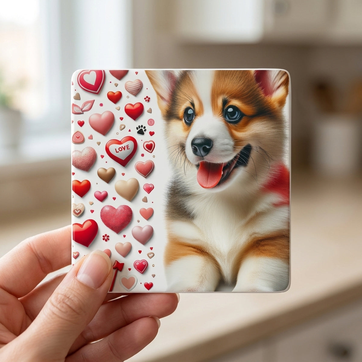 Pembroke Welsh Corgi ceramic coasters set of 4, in hand
