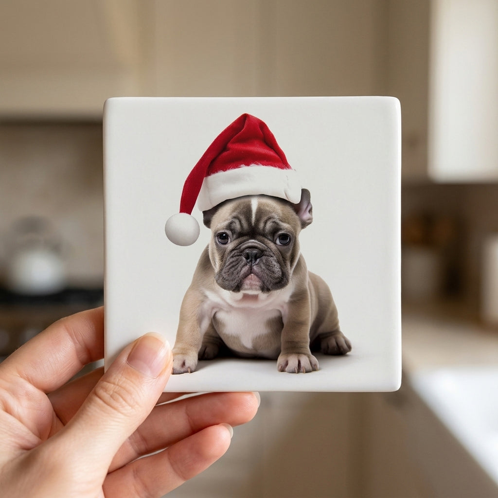 French Bulldog Puppy ceramic coasters set of 4, in hand