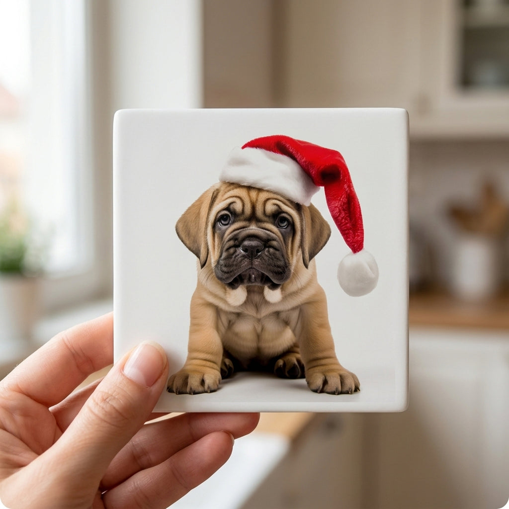 Mastiff Puppy ceramic coasters set of 4, in hand