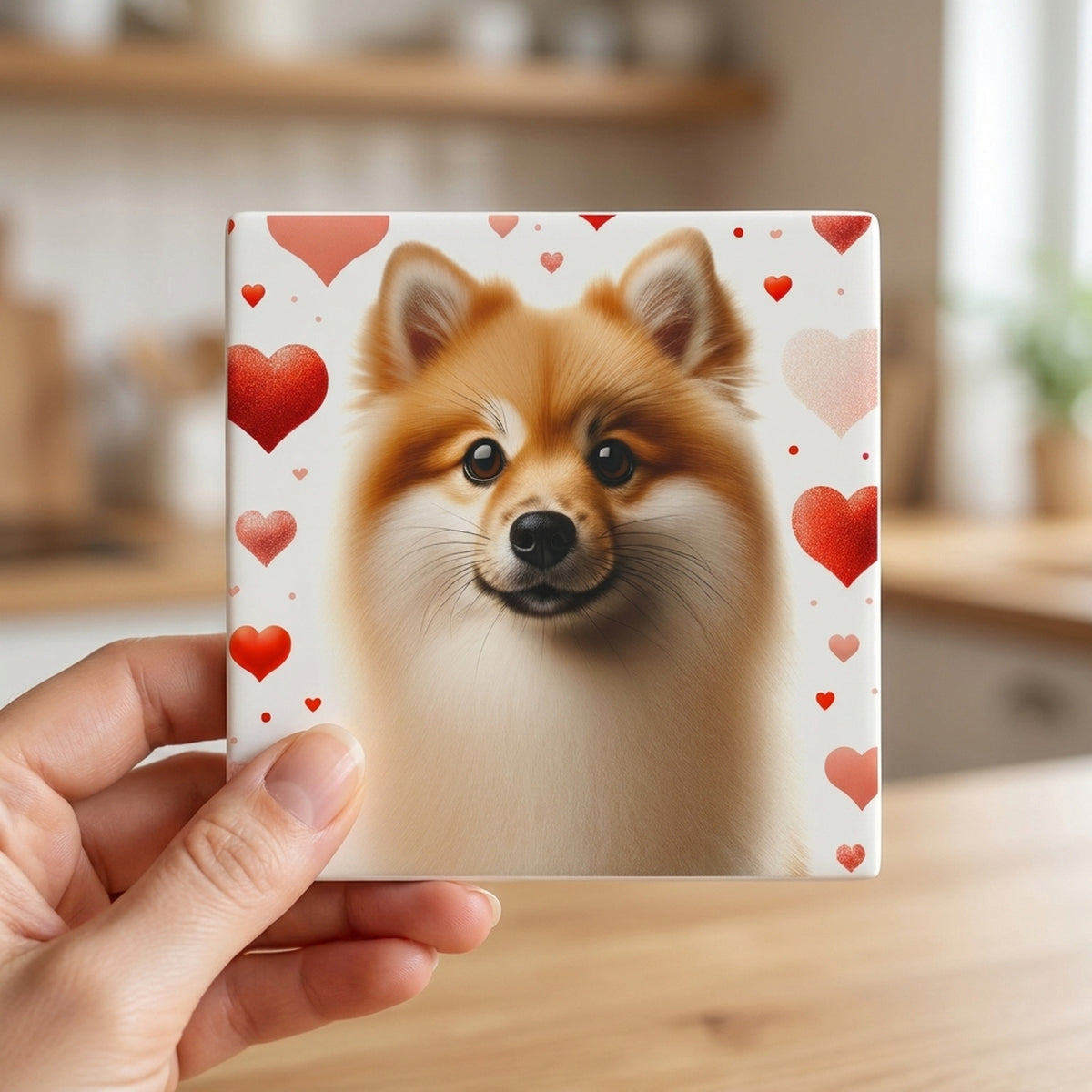 Pomeranian ceramic coasters set of 4, in hand