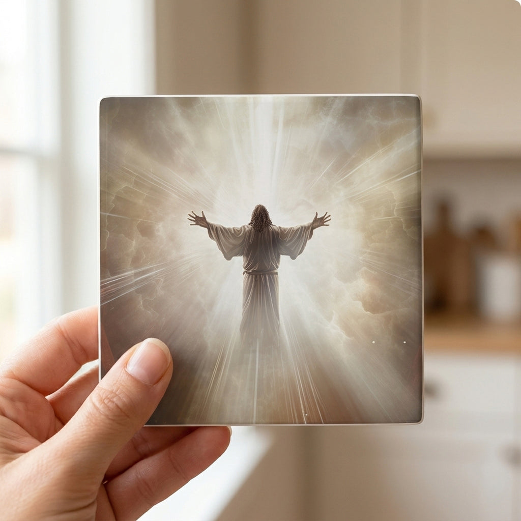 Radiant Heavenly Light ceramic coasters set of 4, in hand