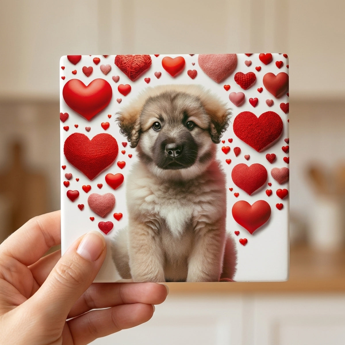 Leonberger ceramic coasters set of 4, in hand
