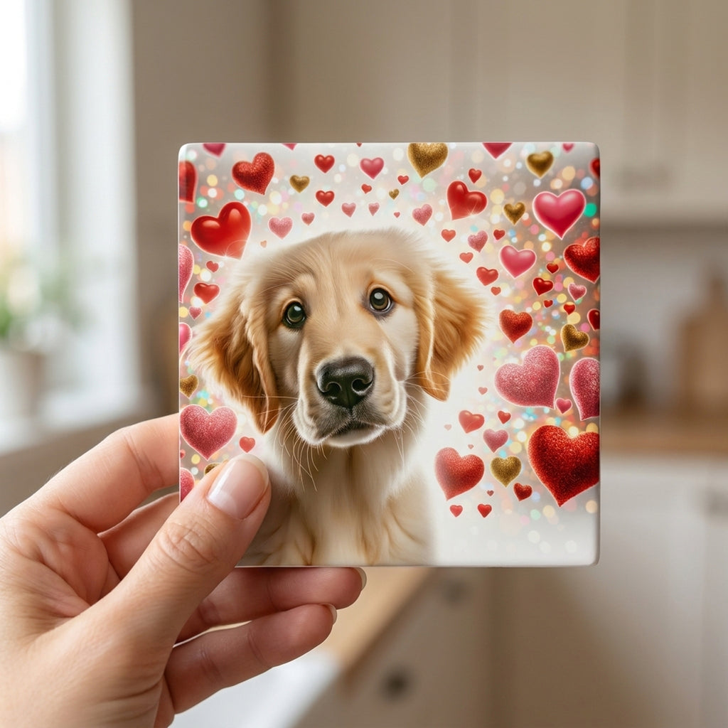 Golden Retriever ceramic coasters set of 4, in hand