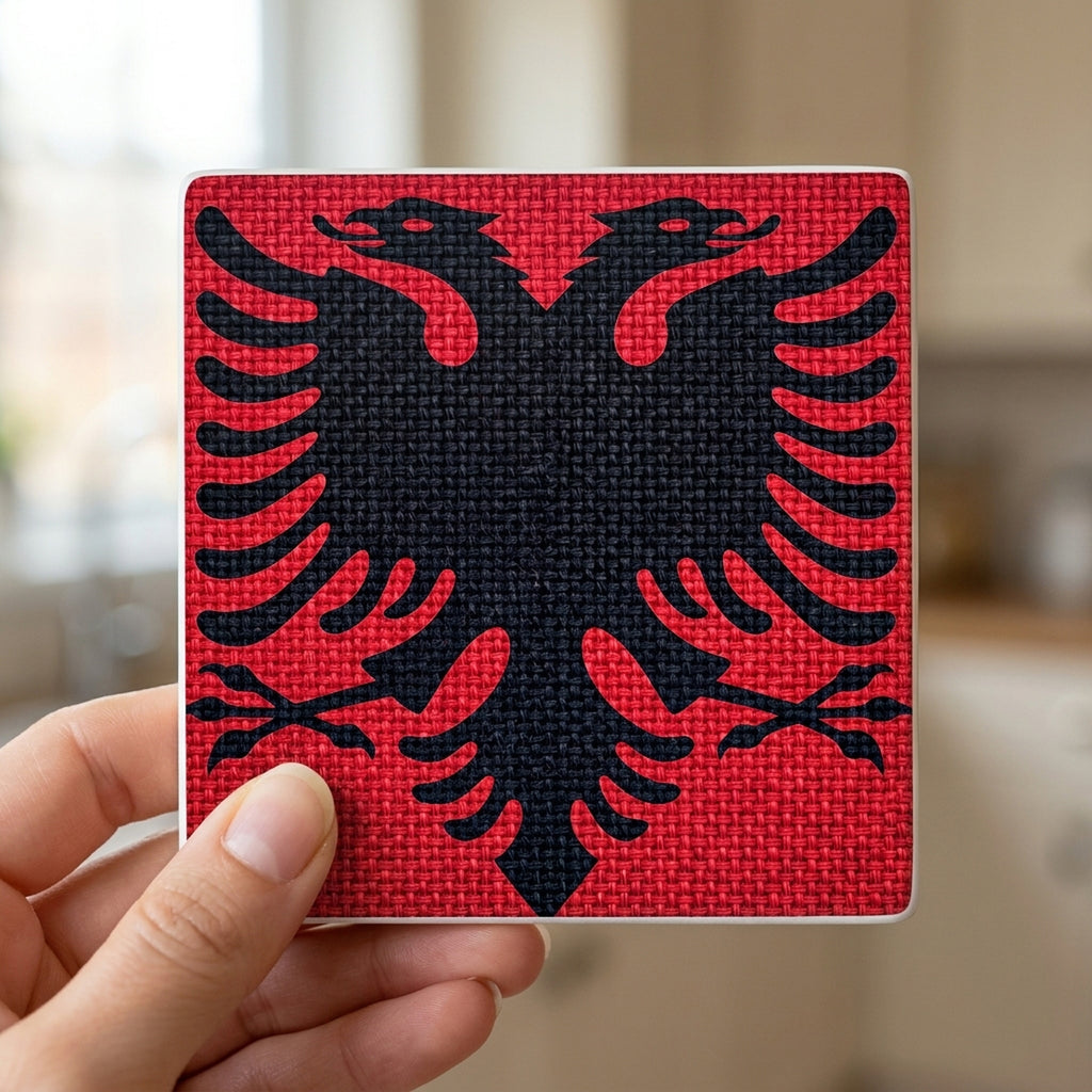 Albania Flag Pride ceramic coasters set of 4, in hand