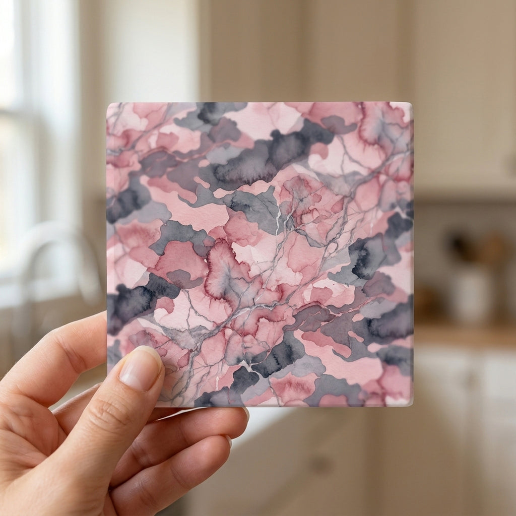 Pink Camo ceramic coasters set of 4, in hand