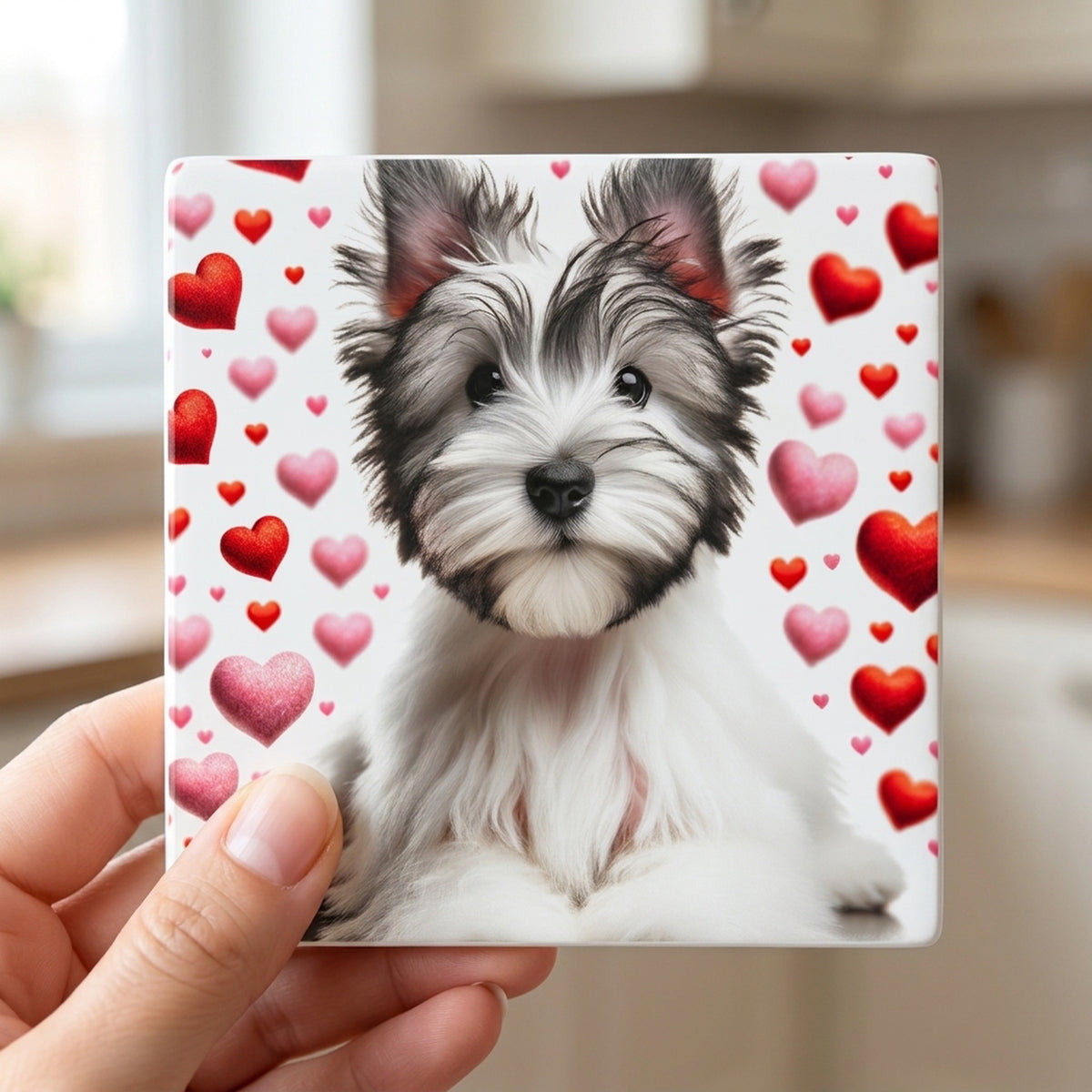 Biewer Terrier ceramic coasters set of 4, in hand