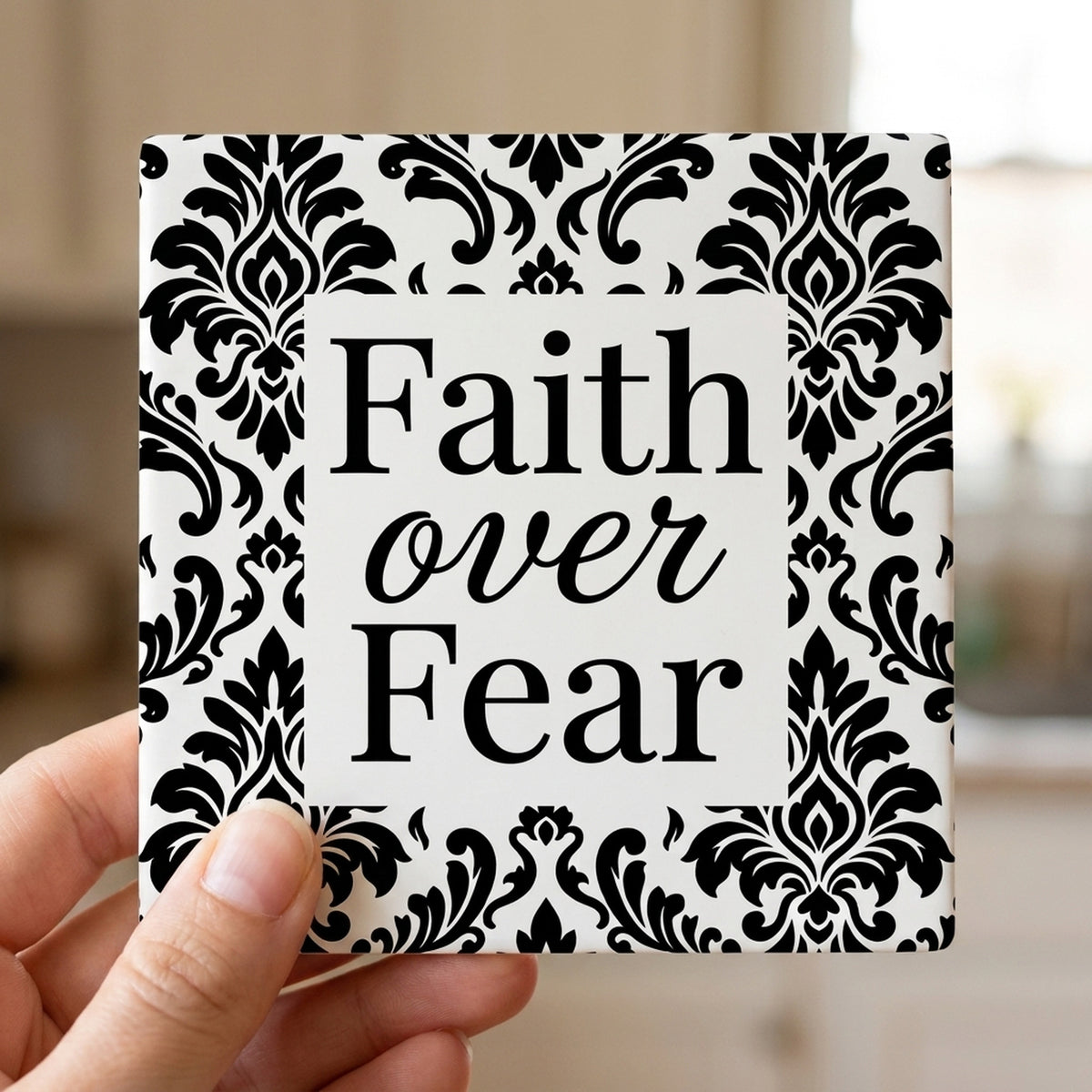 Faith Over Fear ceramic coasters set of 4, in hand