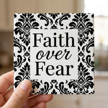 Faith Over Fear ceramic coasters set of 4, in hand