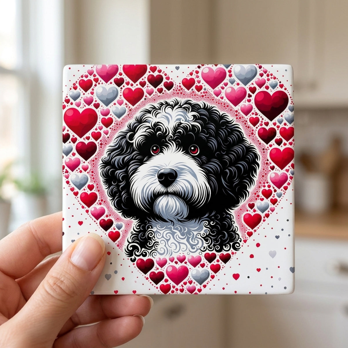 Portuguese Water Dog ceramic coasters set of 4, in hand