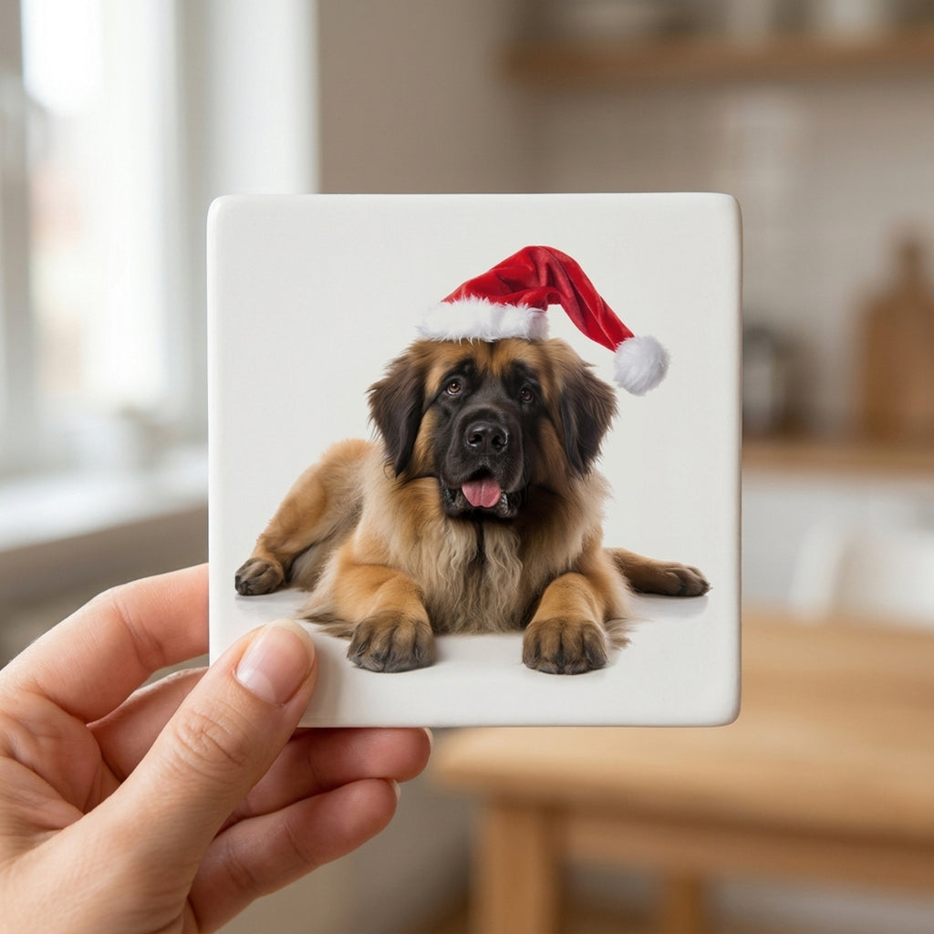 Leonberger ceramic coasters set of 4, in hand