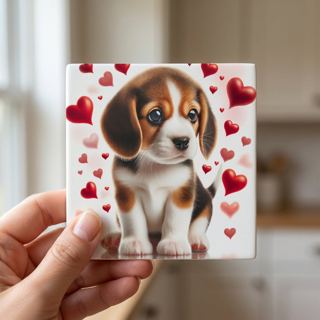 Beagle ceramic coasters set of 4, in hand