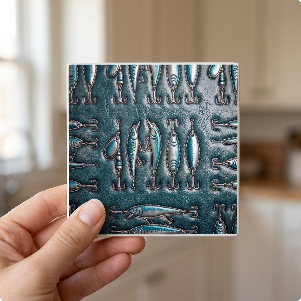 Fishing Lure ceramic coasters set of 4, in hand