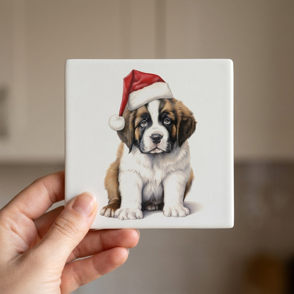 St. Bernard Puppy Drawing ceramic coasters set of 4, in hand