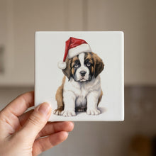 St. Bernard Puppy Drawing ceramic coasters set of 4, in hand