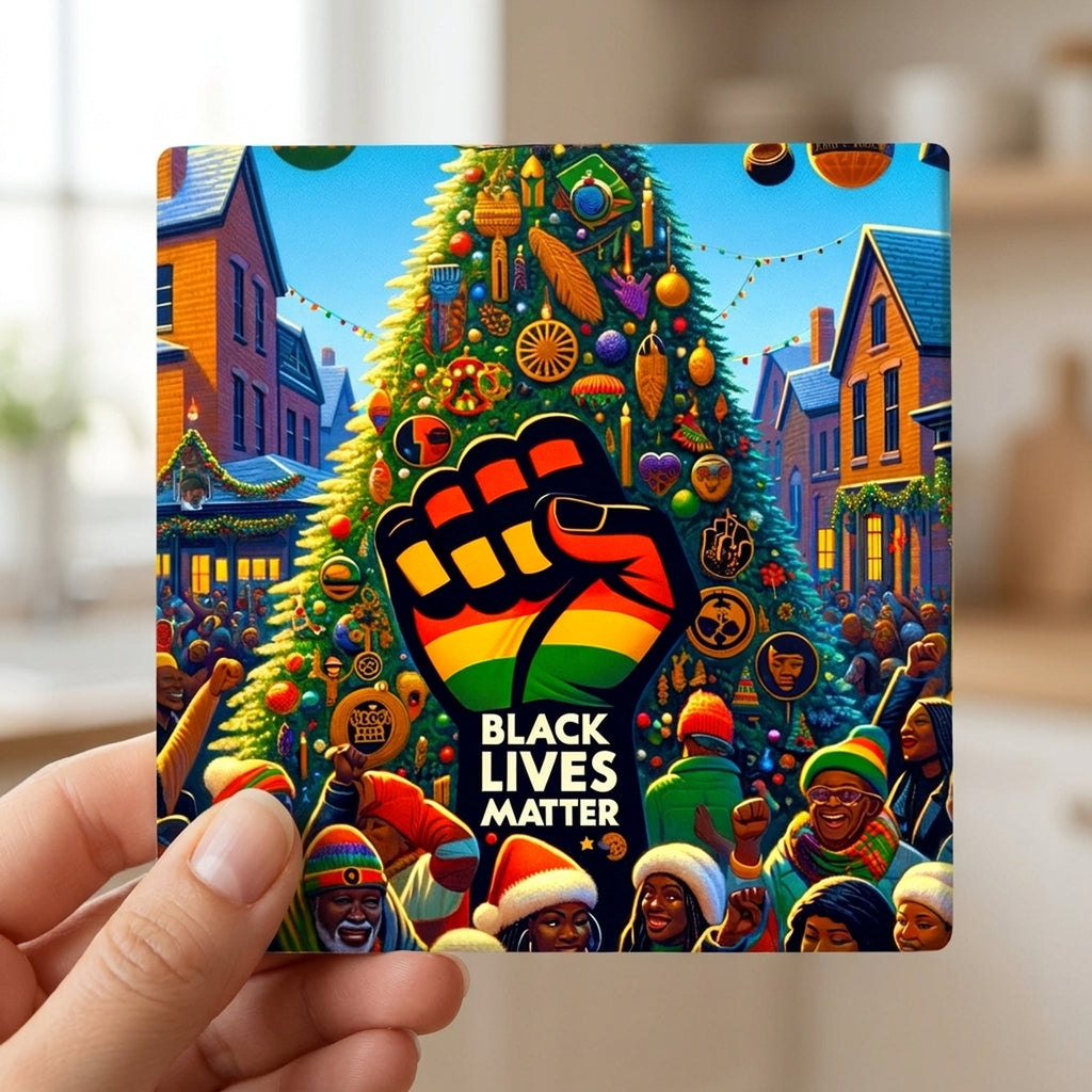 Holiday Unity Celebration ceramic coasters set of 4, in hand