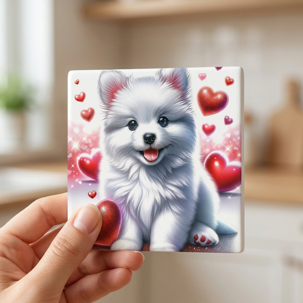 Pomeranian ceramic coasters set of 4, in hand
