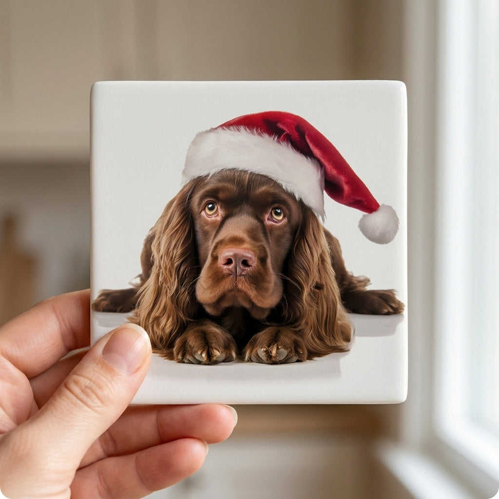 Sussex Spaniel ceramic coasters set of 4, in hand
