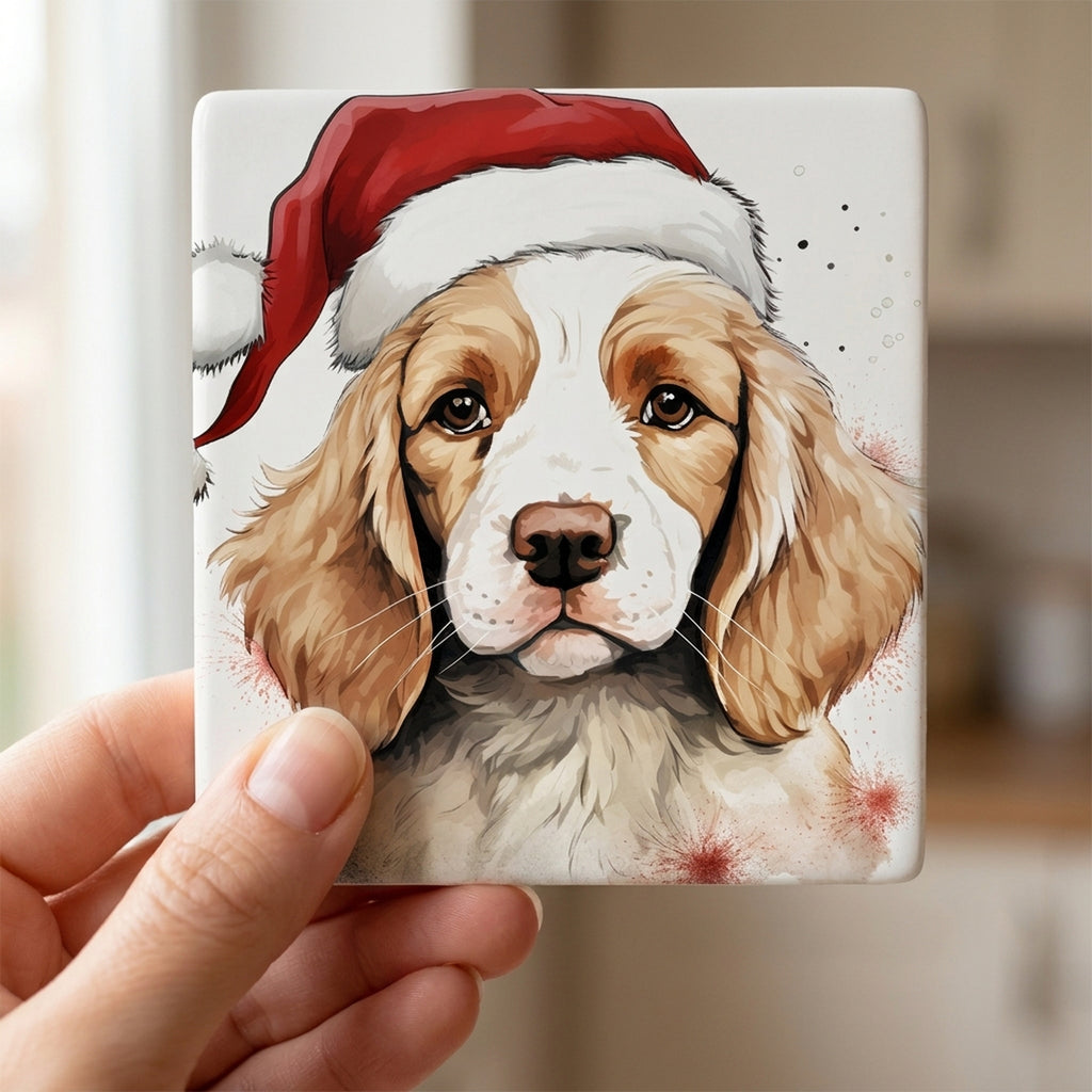 Clumber Spaniel Puppy Drawing ceramic coasters set of 4, in hand