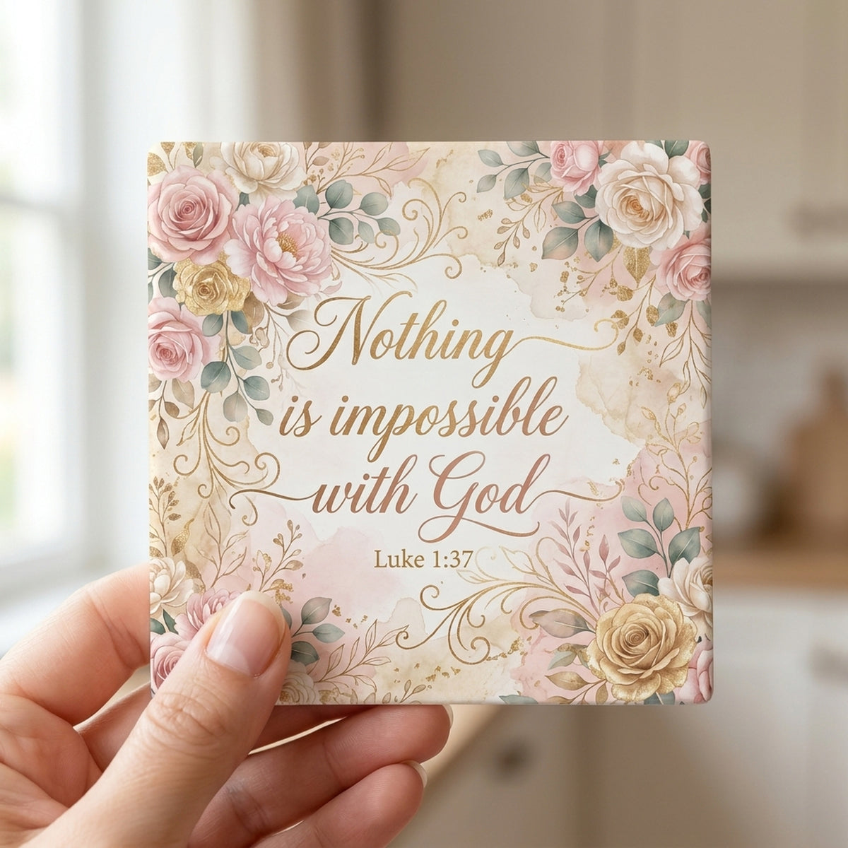 Luke 1:37 ceramic coasters set of 4, in hand
