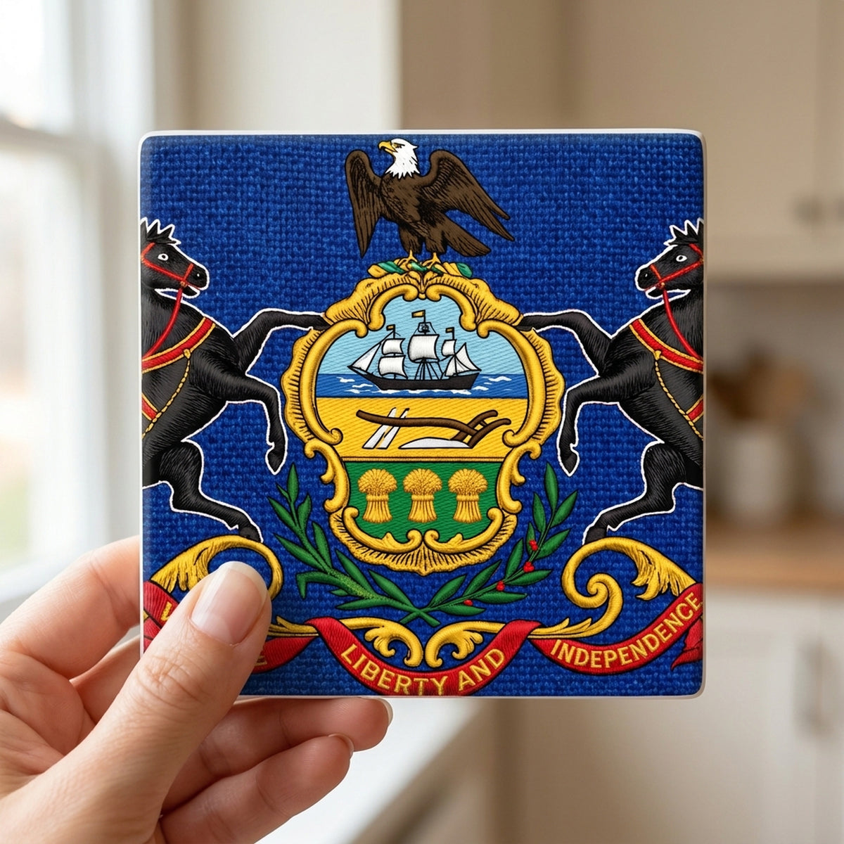 Pennsylvania State Flag ceramic coasters set of 4, in hand