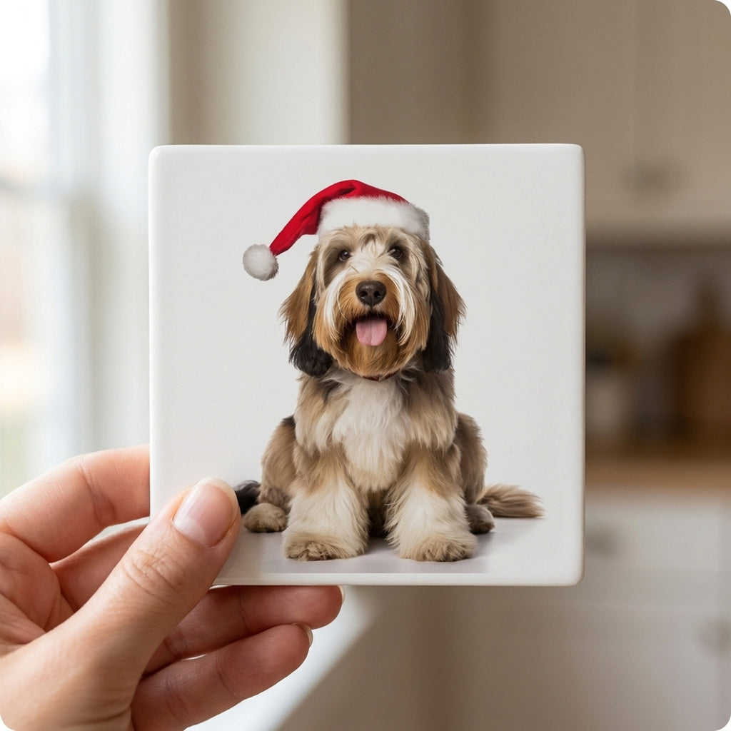 Petit Basset Griffon Vendéen ceramic coasters set of 4, in hand