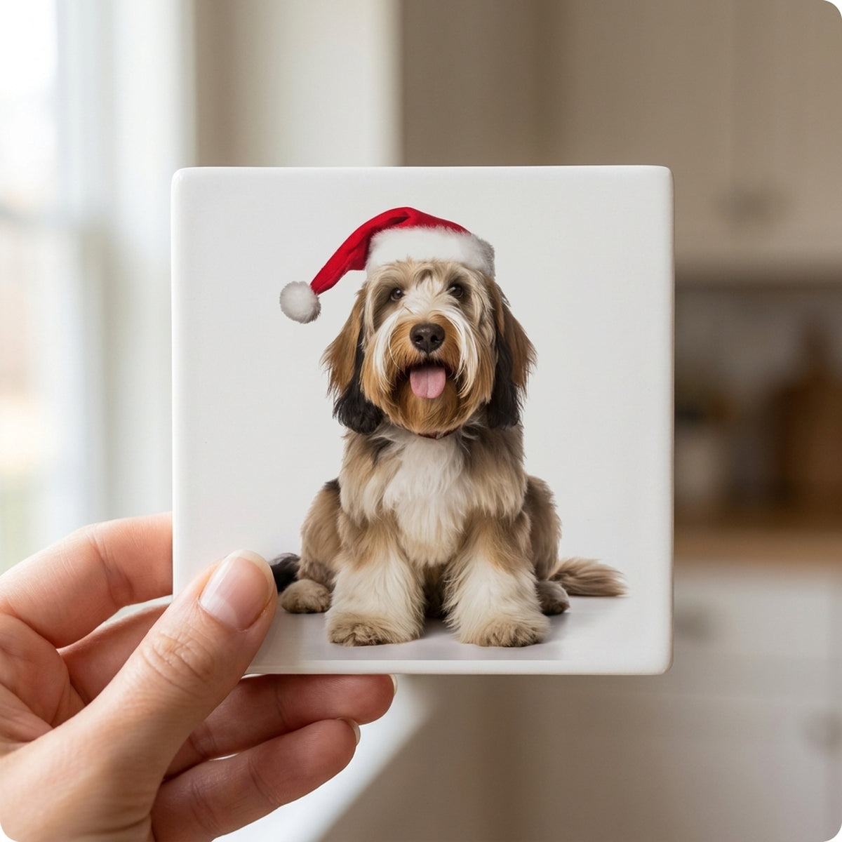 Petit Basset Griffon Vendéen ceramic coasters set of 4, in hand