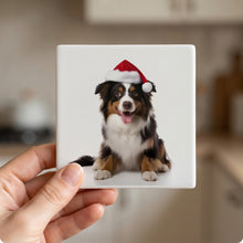 Miniature American Shepherd ceramic coasters set of 4, in hand
