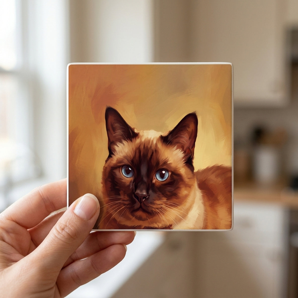 Siamese Cat Portrait ceramic coasters set of 4, in hand