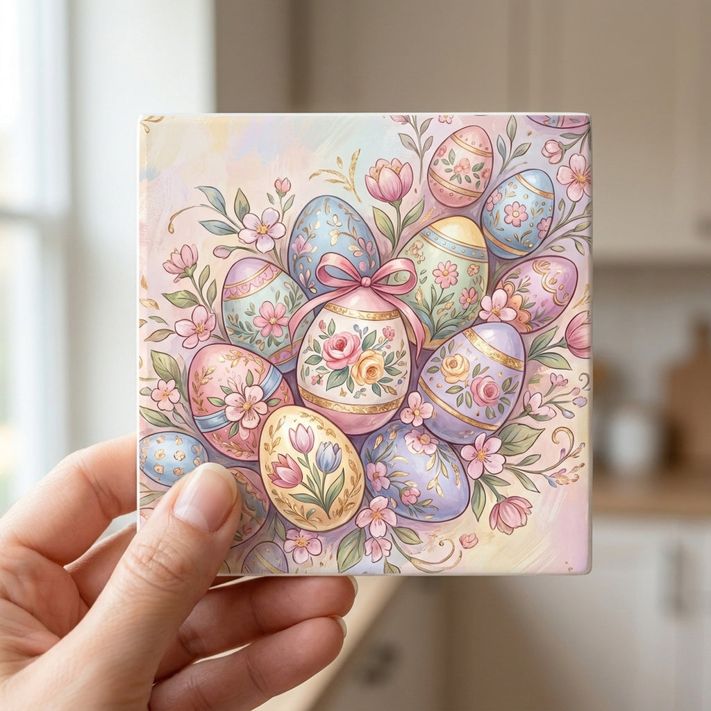Easter Pastel Eggs ceramic coasters set of 4, in hand