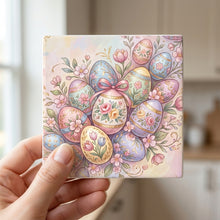 Easter Pastel Eggs ceramic coasters set of 4, in hand