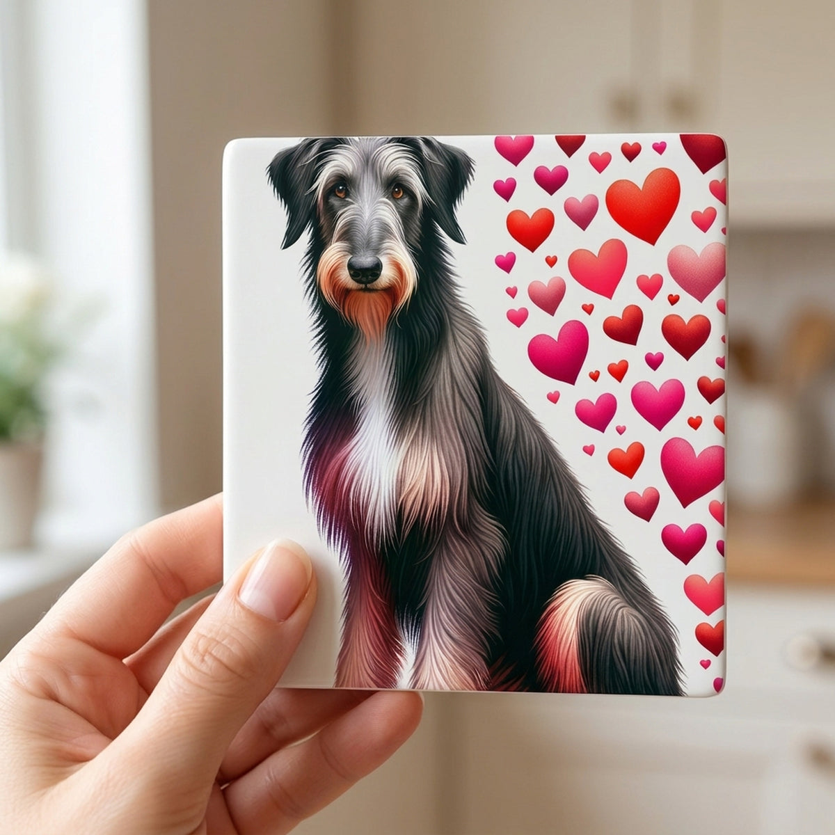 Scottish Deerhound ceramic coasters set of 4, in hand