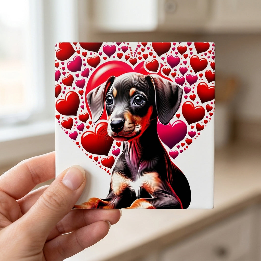 Doberman Pinscher ceramic coasters set of 4, in hand