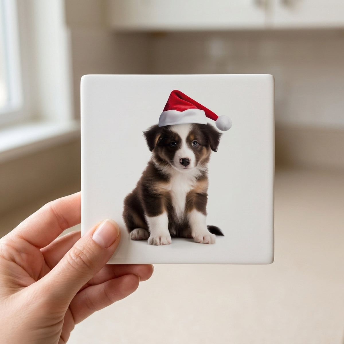 Collie Puppy ceramic coasters set of 4, in hand