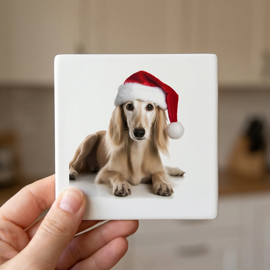 Saluki Puppy ceramic coasters set of 4, in hand