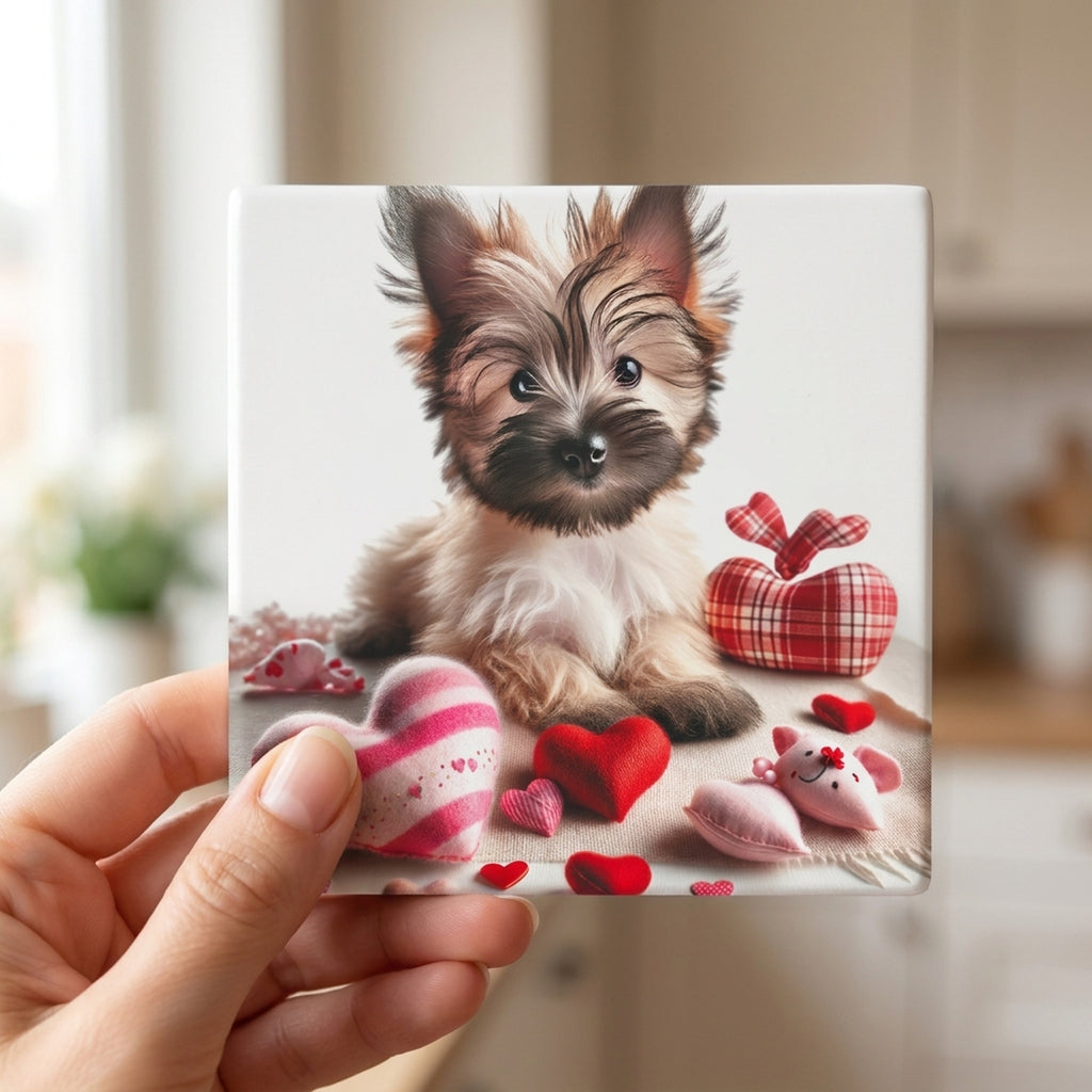Cairn Terrier ceramic coasters set of 4, in hand