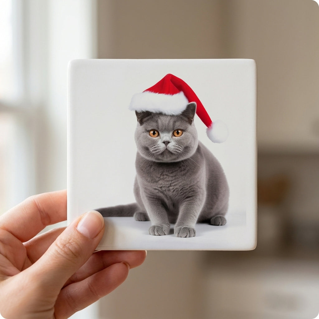 British Shorthair Cat ceramic coasters set of 4, in hand