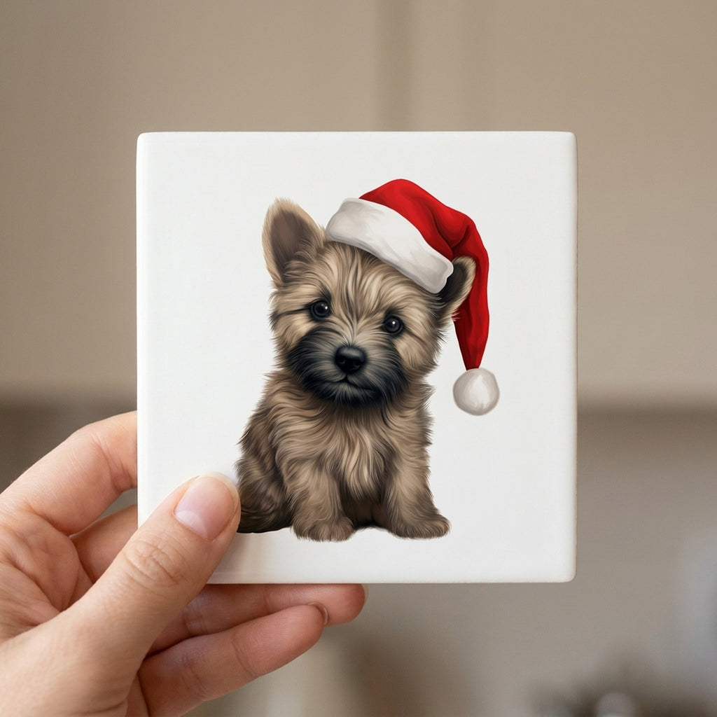 Cairn Terrier Puppy Drawing ceramic coasters set of 4, in hand